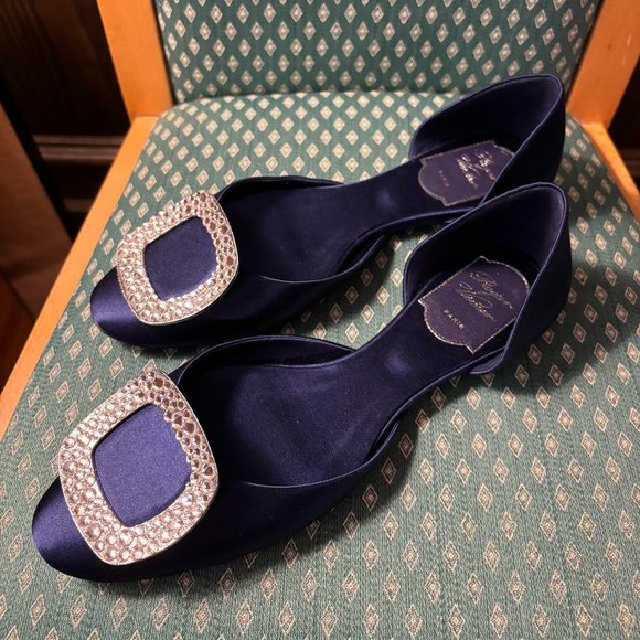 Roger Vivier D'Orsay ballet flats (Blue satin w/ silver buckles & crystals) - Picture 1 of 7